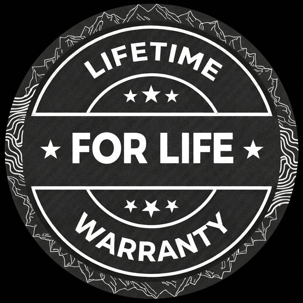 Lifetime warranty badge with carbon fiber design and mountain details