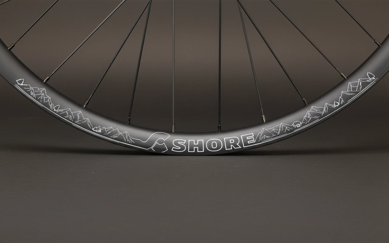 Shore-Carbon carbon MTB rim detail with mountain-inspired graphics and Shore logo