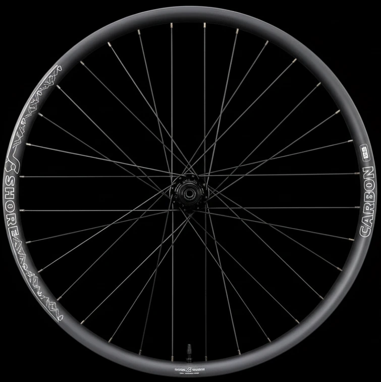 Shore-Carbon carbon MTB wheel with lightweight rim and black hub on black background